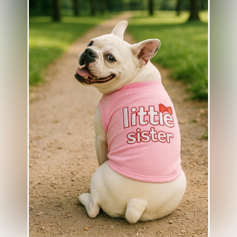 BNWOT PARISIAN PET PINK EMBROIDERED 109% COTTON “ LITTLE SISTER” DOGGY T-SHIRT
